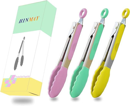 HINMAY Small Tongs with Silicone Tips 7-Inch Serving Tongs, Set of 3 (Pink Mint Yellow) - Image 7