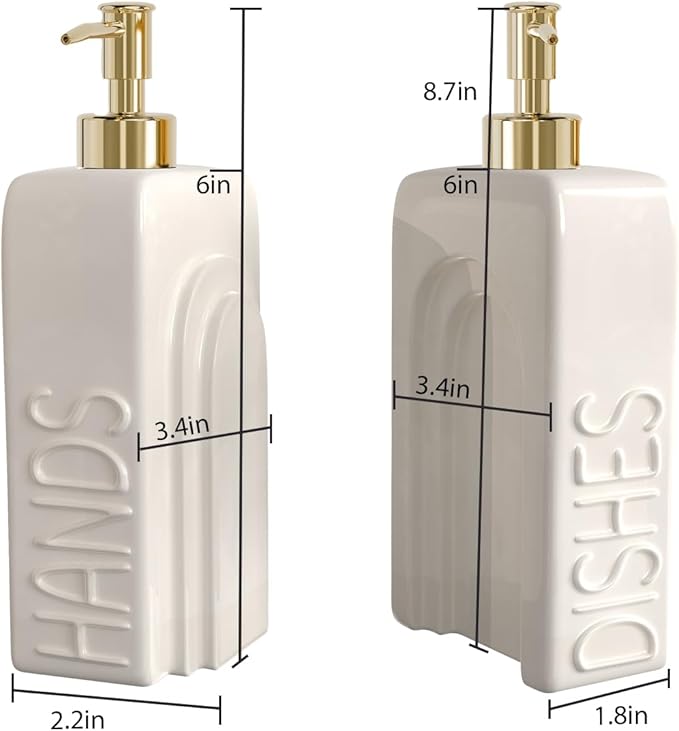 Soap Dispenser Set with Gold Stainless Steel Pump and a Funnel, 2 Pack Modern Ceramic Refillable Hand and Dish Soap Dispenser for Kitchen, Bathroom, Matte White - Image 5