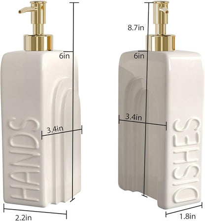 Soap Dispenser Set with Gold Stainless Steel Pump and a Funnel, 2 Pack Modern Ceramic Refillable Hand and Dish Soap Dispenser for Kitchen, Bathroom, Matte White - Image 5