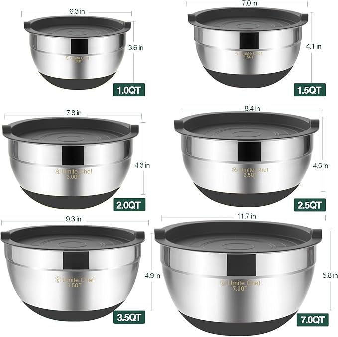 Umite Chef Mixing Bowls with Airtight Lids，6 piece Stainless Steel Metal Nesting Storage Bowls, Non-Slip Bottoms Size 7, 3.5, 2.5, 2.0,1.5, 1QT, Great for Mixing & Serving(Grey) - Image 5