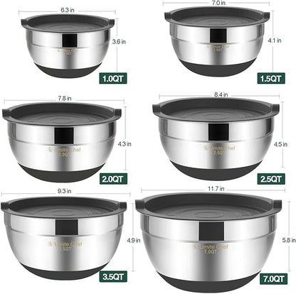 Umite Chef Mixing Bowls with Airtight Lids，6 piece Stainless Steel Metal Nesting Storage Bowls, Non-Slip Bottoms Size 7, 3.5, 2.5, 2.0,1.5, 1QT, Great for Mixing & Serving(Grey) - Image 5