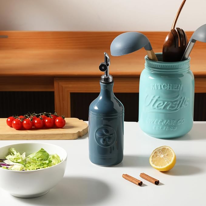 Sweejar 16 Oz Ceramic Olive Oil Dispenser Bottle, Oil Dispenser for Kitchen with Gravity Spout, Relief Opaque Vinegar Container for Evoo, Soy Sauce, 1 Pack(Fog Blue, Silver Spout) - Image 2