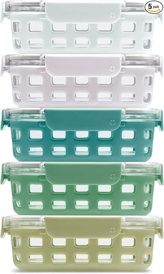 Ello Duraglass 3.4 Cup Meal Prep Sets 10Pc, 5 Pack Set- Glass Food Storage Container with Silicone Sleeve and Airtight BPA-Free Plastic Lids, Dishwasher, Microwave, and Freezer Safe, Olive Tree