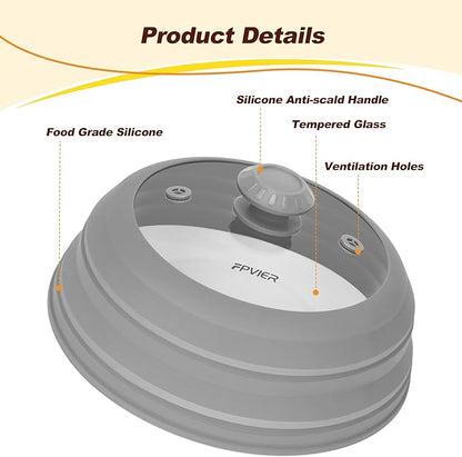 Microwave Splatter cover, Glass Microwave Cover for Food, 11.8 inch Guard Lid with Collapsible Silicone for 6-11 inch Plates & Bowls, Dishwasher Safe, 450°F Heat Resistant, BPA-Free, Gray