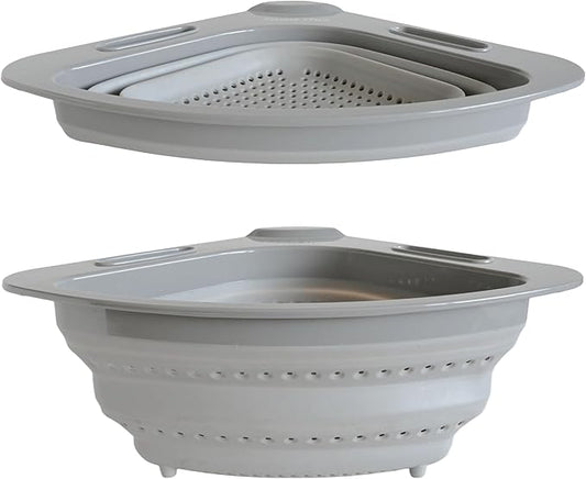 Collapsible Corner Colander – Space-Saving Over Sink Strainer, 3.5 Qt, Grey