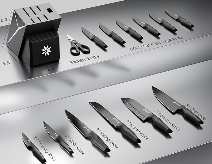 Kitchen Knife Sets with Block -15 PCS Knife Set with Bulti-in Sharpener, Dishwasher Safe, Stainless Steel Kitchen Knife with Ergonomic Handles, Sharp knives for Men and Women,Mothers Day, Black - Image 2