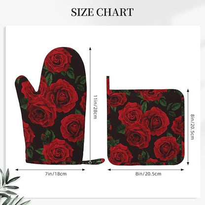 Red Black Rose Flower Oven Mitts and Pot Holders Sets of 4, Heat Resistant Silicone Oven Mittens and Potholders Gloves Hot Pads for Kitchen Cooking Baking Grilling BBQ Chef