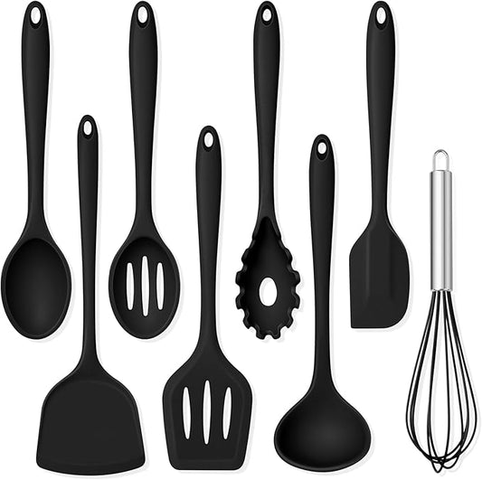 TeamFar 8 PCS Silicone Cooking Utensils - 446°F Heat Resistant Kitchen Silicon Utensils Set, Turner, Spatula, Spoon, Whisk, Kitchen Cooking Gadgets Tools for Nonstick Cookware, Dishwasher Safe-Black by TeamFar
