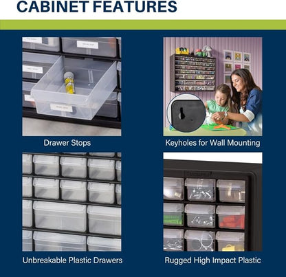 Akro-Mils 44-Drawer Plastic Drawer Storage Cabinet for Garage Organization, Bead Organizer, Building Bricks Storage, Teacher Toolbox, Makeup Organizer, 20-Inch W x 6-Inch D x 16-Inch H, 10144 Yellow - Image 3