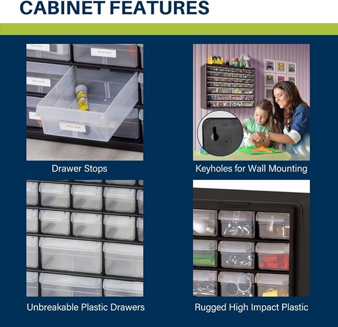 Akro-Mils 44-Drawer Plastic Drawer Storage Cabinet for Garage Organization, Bead Organizer, Building Bricks Storage, Teacher Toolbox, Makeup Organizer, 20" W x 6" D x 16" H, 10144 Black (Pack of 2) - Image 4