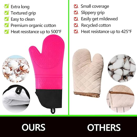 Silicone Oven Mitts and Pot Holders Set, MTZRFLL Extra Long Heat Resistant Oven Gloves with Hot Pads and Mini Oven Mittens for Grilling, Kitchen Cooking Baking, Quilted Lining, Pack of 6 (Rose) - Image 3