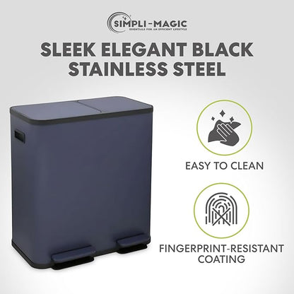 Simpli-Magic 70 Liter / 18.5 Gallon Rectangular Hands-Free Dual Compartment Recycling Kitchen Step Trash Can with Soft-Close Single Lid, Stainless Steel (40L x 30L Capacity), Blue - Image 8