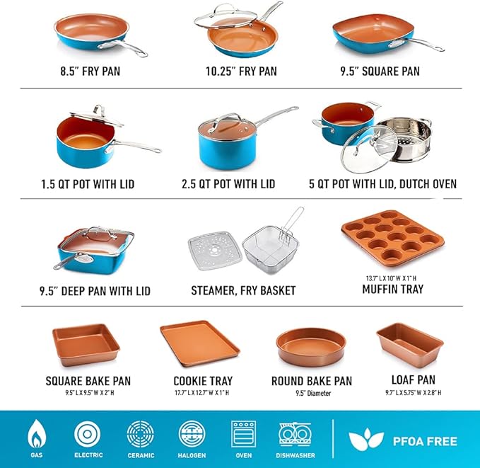 GOTHAM STEEL 20 Piece Copper Pots and Pans Set Nonstick Cookware & Ceramic Bakeware Set, PFOA PFOS Free, Dishwasher/Oven Safe, Metal Utensil Safe – Turquoise - Image 2