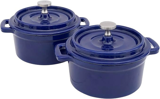 Flavehc Mini Cocotte 16 oz Mini Dutch Oven 0.5 qt. Cast Iron Garlic Roaster for Oven Garlic Confit Pot Ramekins with Lids Oven Safe Set of 2, Blue