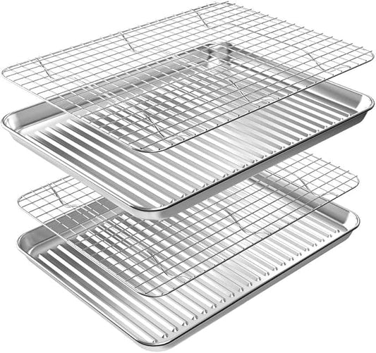 ROTTAY Baking Sheet with Rack Set (2 Pans + 2 Racks), Stainless Steel Cookie Sheet with Cooling Rack, Nonstick Baking Pan, Warp Resistant & Heavy Duty & Rust Free, Size 16 x 12 x 1 Inches by Rottay