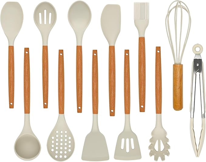 Kitchen Utensils Set - 12 Pcs Silicone Cooking Utensils Set with Wooden Handle - Heat Resistant Non-Stick BPA Free Spatula Set,Turner, Spoon, Brush, Silicone Kitchen Gadgets Utensil Set by SOFSNFood-gradeSiliconeKit