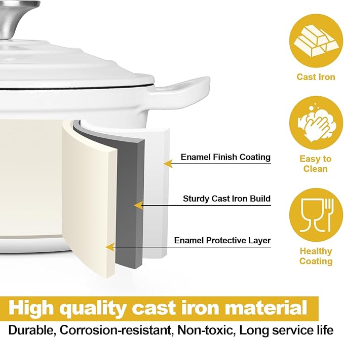 HaSteeL 2 QT Cast Iron Saucepan, Mini Enamel dutch oven with lid, Small Non Stick Pan for Milk, Pasta Tomato Sauce, Butter, Breakfast, Soup, Suitable for Boiling Stewing Frying, Easy to Clean, White