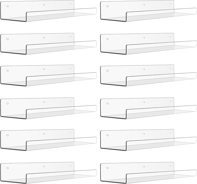 upsimples 12 Pack Acrylic Shelves Wall Organizer and Storage, 15" Display Shelf for Figure, Toy Cars, Perfume, Kids Bookshelf for Bedroom, Nursery, Craft Room, Clear by upsimples