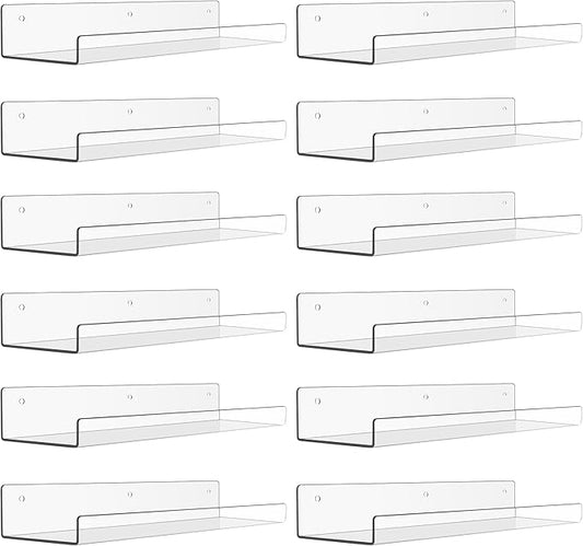 upsimples 12 Pack Acrylic Shelves Wall Organizer and Storage, 15" Display Shelf for Figure, Toy Cars, Perfume, Kids Bookshelf for Bedroom, Nursery, Craft Room, Clear by upsimples
