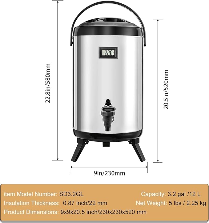 3.2 Gal/12L Non-Electric Insulated Beverage Dispenser, Stainless Steel Thermal Drink Server with Spigot & Temp Display, Hot & Cold Drink Dispenser for Cafes, Restaurants, Parties, Silver