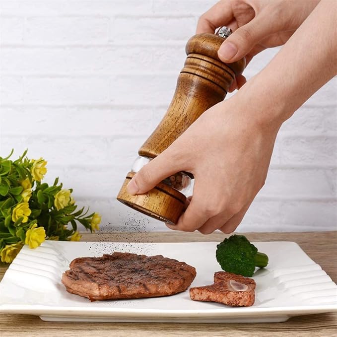 Haomacro Wood Salt and Pepper Grinder Mills Set, Classic Manual Pepper Grinder Salt Grinder Refillable Pepper Mill Sets with Acrylic Visible Window Adjustable Ceramic Grinding Rotor 6.5inch 2 Pack - Image 3