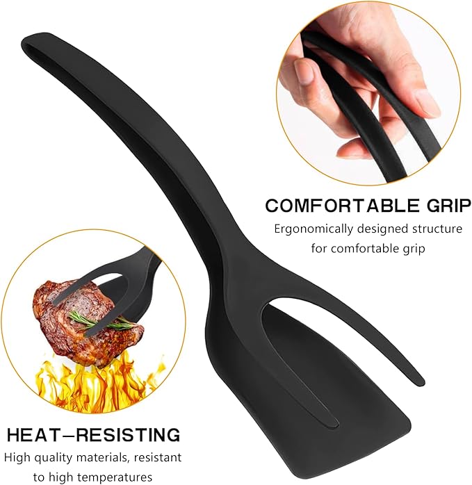Egg Flipper Spatula 2 in 1 Grip and Flip Spatula Tongs Egg Spatula Flipper Made of High temperature resistant Nylon with Non-Stick Coating Egg Flipper for Home Kitchen Cooking Tool (black and gray)