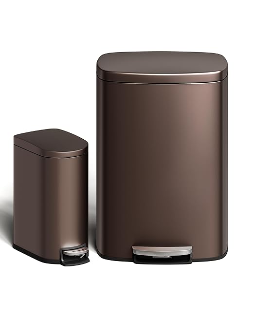 Garvee 13 gal (50 L) and 2.6 gal (10 L) Metal Trash Can Combo Set, Rustproof Garbage Can with Lid, Step-on Trash Bin with Inner Bucket, Rear Handle, Brown by Garvee