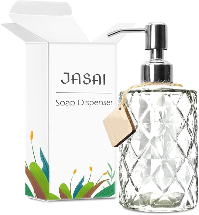 JASAI Diamond Design 12 Oz Glass Soap Dispenser, Kitchen soap Dispenser with 304 Rust Proof Stainless Steel Pump, Bathroom Soap Dispenser for Hand Soap, Soap, Lotion(Clear). - Image 8