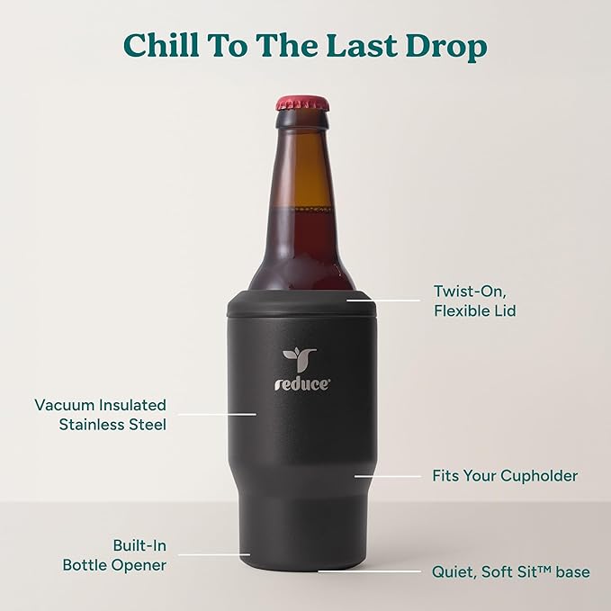 Reduce 4-in-1 Drink Cooler - Versatile Can & Bottle Holder with Vacuum Insulation - Keeps Drinks Cold Up to 4 Hours - Includes Bottle Opener - Fits Cupholders & Dishwasher Safe - 14oz - Black