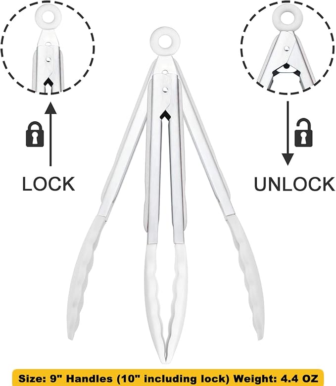 HINMAY Silicone Kitchen Tongs 9-Inch Stainless Steel Basics Tongs with Non-Stick Silicone Tips, Set of 3 (White) - Image 3