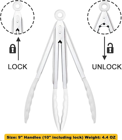 HINMAY Silicone Kitchen Tongs 9-Inch Stainless Steel Basics Tongs with Non-Stick Silicone Tips, Set of 3 (White) - Image 3