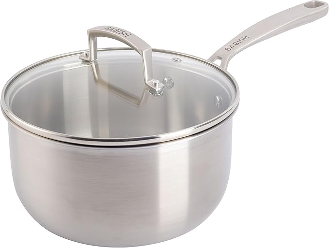 Babish Stainless Steel Saucepan 3.5 Quart Triply Professional Grade Cookware Durable Even Heat Distribution Sauce Pan with Handle for Cooking Boiling Sauces Soups and Everyday Kitchen Use by Babish