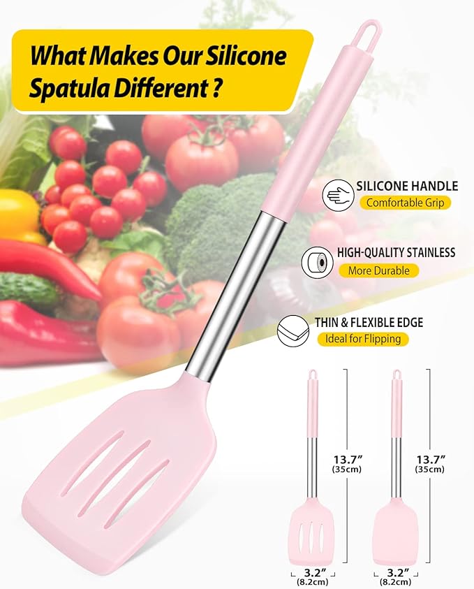 Pack of 2 Silicone Solid Turner, Non Stick Slotted Kitchen Spatulas, High Heat Resistant BPA Free Cooking Utensils, Ideal Cookware for Fish, Eggs, Pancakes(Pink) - Image 2