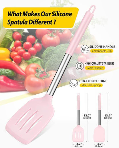 Pack of 2 Silicone Solid Turner, Non Stick Slotted Kitchen Spatulas, High Heat Resistant BPA Free Cooking Utensils, Ideal Cookware for Fish, Eggs, Pancakes(Pink) - Image 2