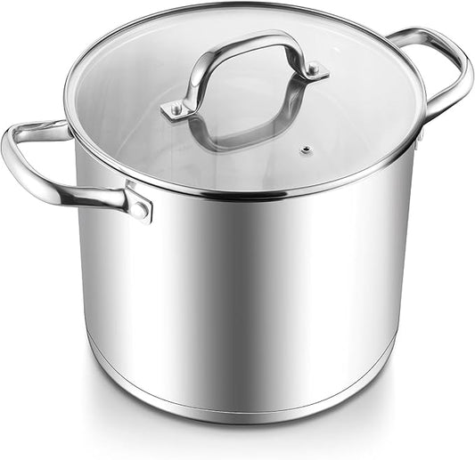 E-far 10 Quart Pot, Stainless Steel Stock Cooking Pot with Glass Lid for Soup Canning Stewing Simmering, Heavy Duty Large Cookware with Triply Base for Induction Gas Ceramic Stoves, Dishwasher Safe by E-far