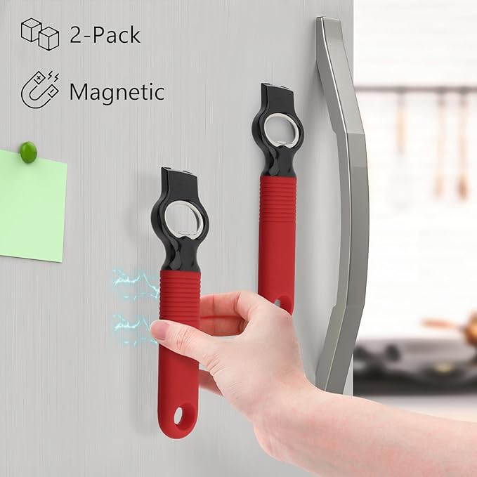 2-Pack Magnetic Beer Bottle Opener & Soda Can Opener, 2-in-1 Bottle Opener and Can Tab Opener Tool for Bartender, Long Nails, Arthritis, Seniors, Silicone Handle with Build in Magnet - Red - Image 2