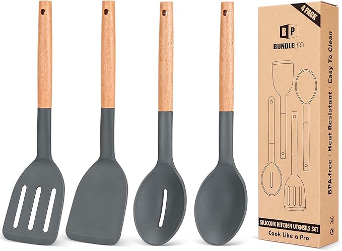 Pack of 4 Silicone Cooking Utensils Set, Non Stick Solid Spatulas and Heat Resistant Slotted Spoons with Wooden Handle, Ideal Wood Kitchen Utensils Set for Frying,Serving,Turning,Stirring (GRAY) by BUNDLEPRO
