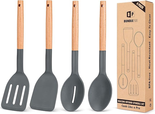 Pack of 4 Silicone Cooking Utensils Set, Non Stick Solid Spatulas and Heat Resistant Slotted Spoons with Wooden Handle, Ideal Wood Kitchen Utensils Set for Frying,Serving,Turning,Stirring (GRAY) by BUNDLEPRO