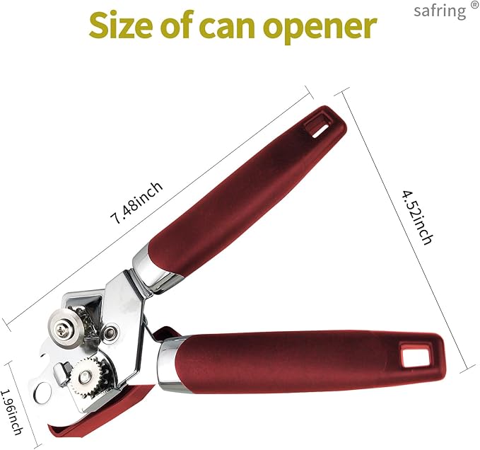 Safring Can Opener Manual, Handheld Strong Heavy Duty Stainless Steel Can Opener, Comfortable Handle, Sharp Blade Smooth Edge, Can Openers with Multifunctional Bottle Opener, Red - Image 2