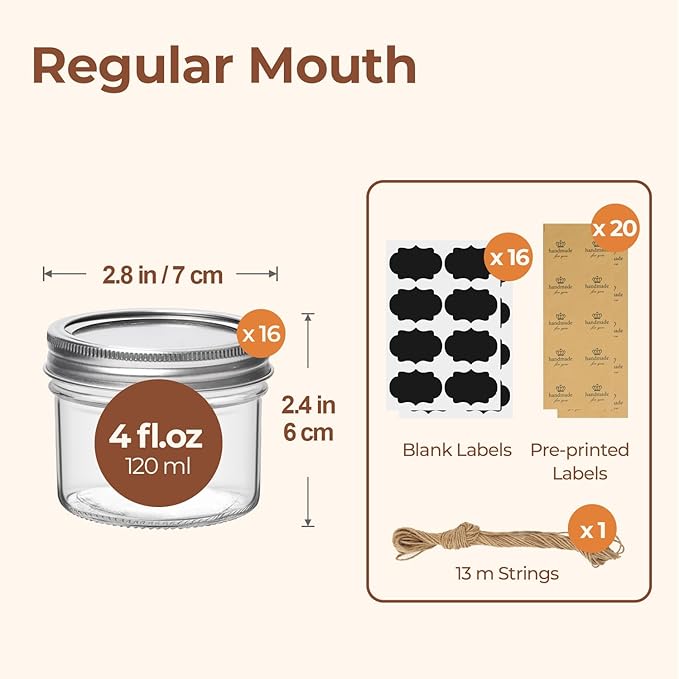 ComSaf Mini Mason Jars Bulk 4oz 16PCS, Regular Mouth Mason Jar with Lids and Seal Bands, Small Glass Canning Jar for Spice, Jam, Honey, Jelly, Dessert, Shower Wedding Favors, DIY Candles Decor - Image 2