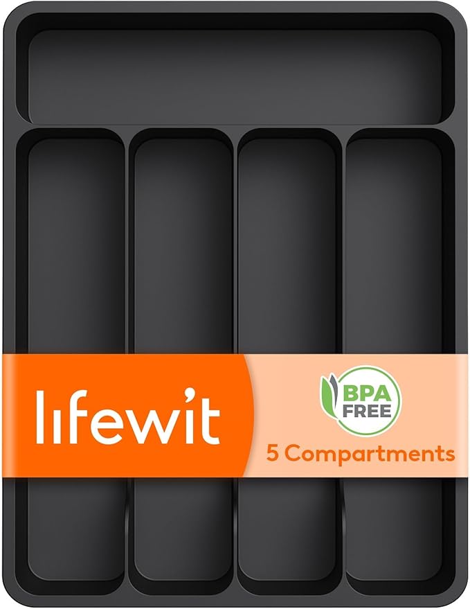 Lifewit Silverware Drawer Organizer Tray, Plastic Cutlery Storage for Kitchen, Flatware and Utensil Holder Divider for Spoons Forks Knives Tableware, 9.1 x 12.6", 5 Slots, Black by Lifewit