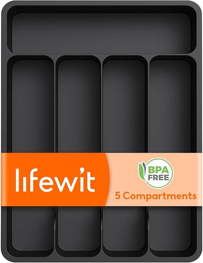 Lifewit Silverware Drawer Organizer Tray, Plastic Cutlery Storage for Kitchen, Flatware and Utensil Holder Divider for Spoons Forks Knives Tableware, 9.1 x 12.6", 5 Slots, Black by Lifewit