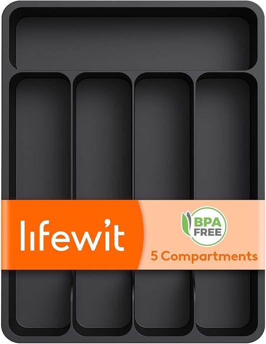 Lifewit Silverware Drawer Organizer Tray, Plastic Cutlery Storage for Kitchen, Flatware and Utensil Holder Divider for Spoons Forks Knives Tableware, 9.1 x 12.6", 5 Slots, Black by Lifewit