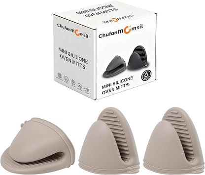 Silicone Oven Mitts Heat Resistant 3 Pair Mini Pot Pinch Grip- ChufanMomsil Short Cute Pot Holders Sets for Kitchen, Air Fryer, Baking, Small Silicone Rubber Oven Gloves Mittens, Khaki