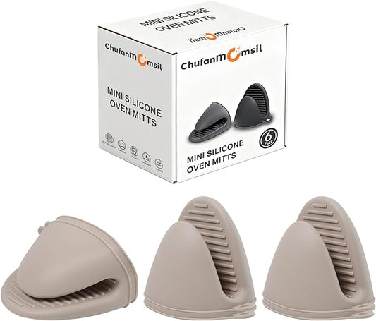 Silicone Oven Mitts Heat Resistant 3 Pair Mini Pot Pinch Grip- ChufanMomsil Short Cute Pot Holders Sets for Kitchen, Air Fryer, Baking, Small Silicone Rubber Oven Gloves Mittens, Khaki