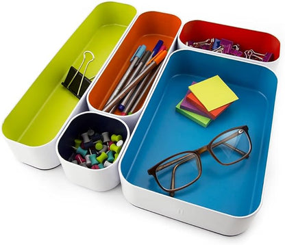 Three by Three Seattle 10 Piece Metal Organizer Tray Set for Storing Makeup, Stationery, Utensils, and More in Office Desk, Kitchen and Bathroom Drawers (2 Inch, Assorted Colors) - Image 4