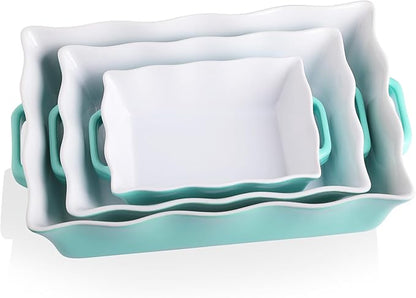 Sweejar Casserole Dishes for Oven, Ceramic Bakeware Set of 3, Rectangular Baking dish with Handles, Wave Edge Lasagna Pan Deep for Cooking, Cake, Dinner, Banquet and Daily Use (Turquoise) by Sweejarco1949