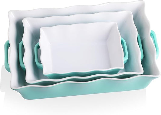 Sweejar Casserole Dishes for Oven, Ceramic Bakeware Set of 3, Rectangular Baking dish with Handles, Wave Edge Lasagna Pan Deep for Cooking, Cake, Dinner, Banquet and Daily Use (Turquoise) by Sweejarco1949