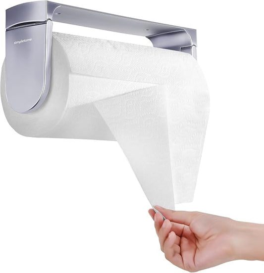 simpletome ONE Hand Tear Paper Towel Holder Under Cabinet Adhesive or Drilling Installation Aluminum Alloy + ABS (Pearl Chrome Silver) by simpletome