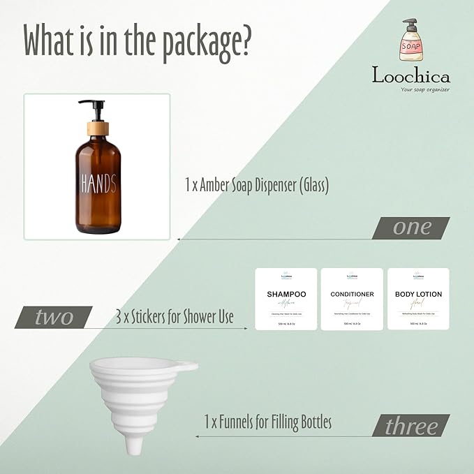LOOCHICA Hand Amber Glass Soap Dispenser with Pump, Amber Hand Soap Dispenser, Refillable Reusable Apothecary Soap Pump Dispenser Bottles for Bathroom and Kitchen Use - Image 2